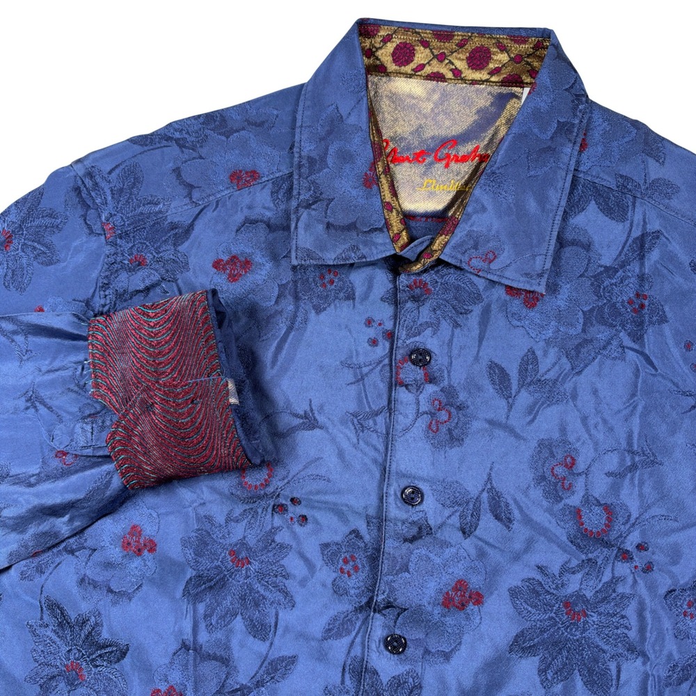 Robert Graham Button Shirt Mens XL Blue Silk Limited Edition Floral Jacquard